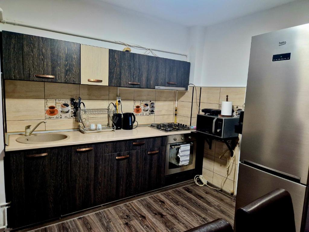 特尔戈维什泰Cozy appartment in the center的厨房配有木制橱柜和不锈钢冰箱。