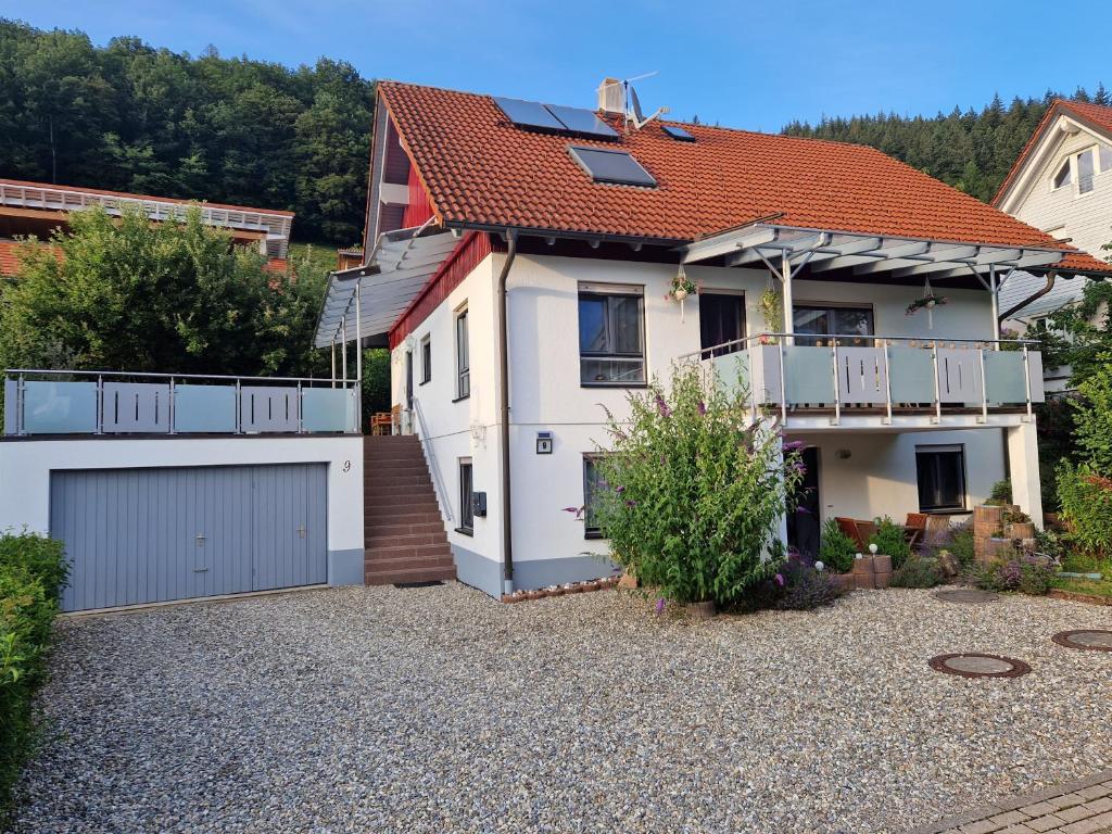 奥贝里德Schwarzwaldglück Apartment的白色的房子,有红色的屋顶和车道