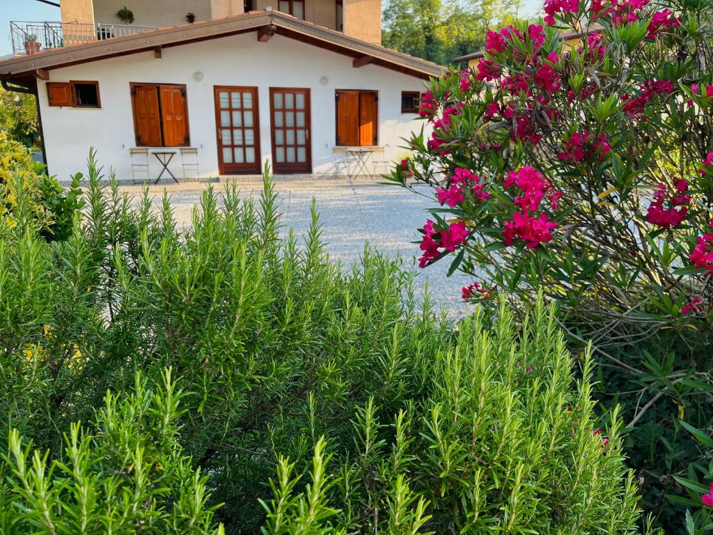 新戈里察Studio Apartma Olive, Nova Gorica, Slovenia的前面有粉红色花的小房子