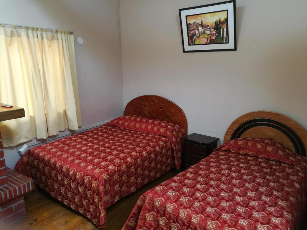 库斯科Welcome Cusco Hostel的酒店客房设有两张床和窗户。