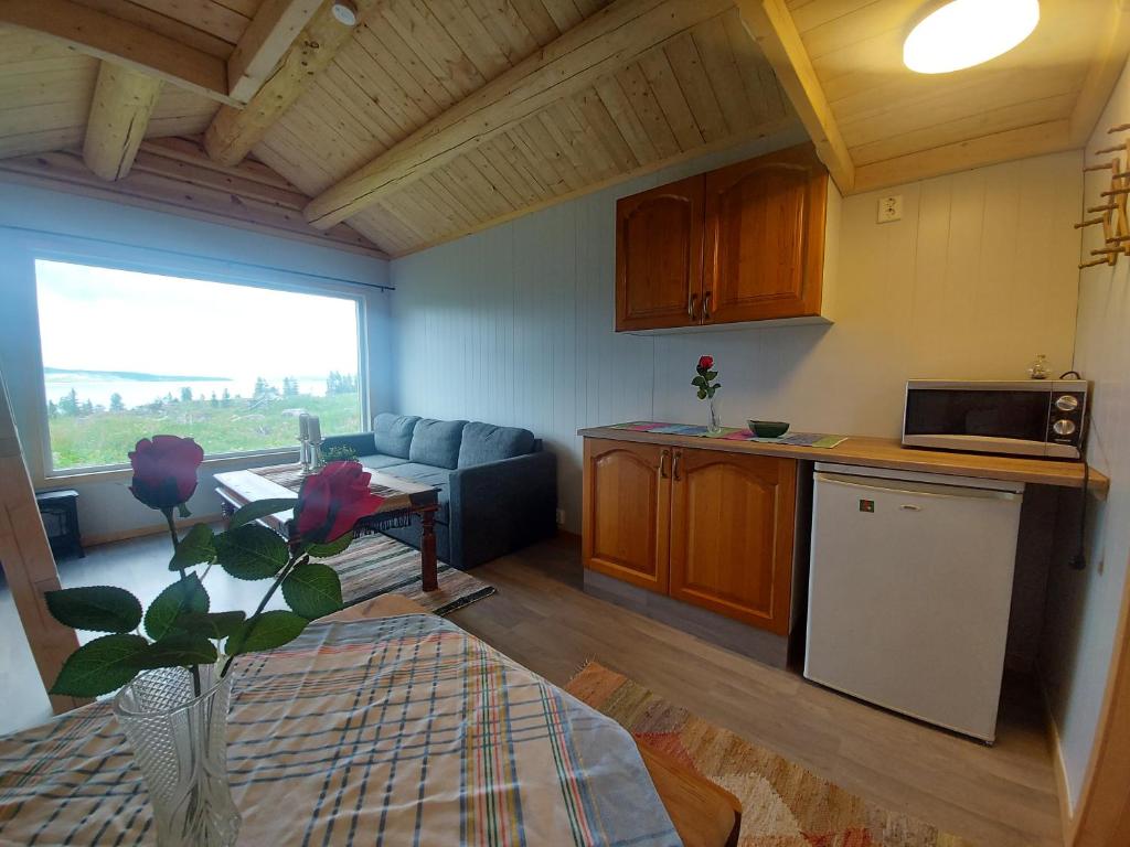 Hattfjelldalsmall camping cabbin with shared bathroom and kitchen near by的厨房以及带沙发和桌子的客厅。