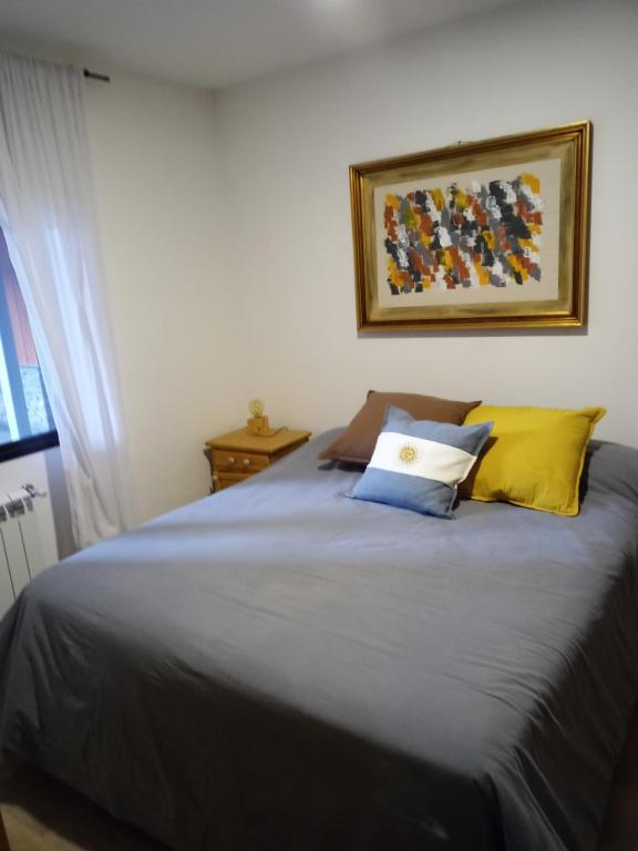 圣马丁德洛斯Hermoso Departamento Céntrico en San Martin de los Andes的一张带两个枕头的床和一张墙上的照片