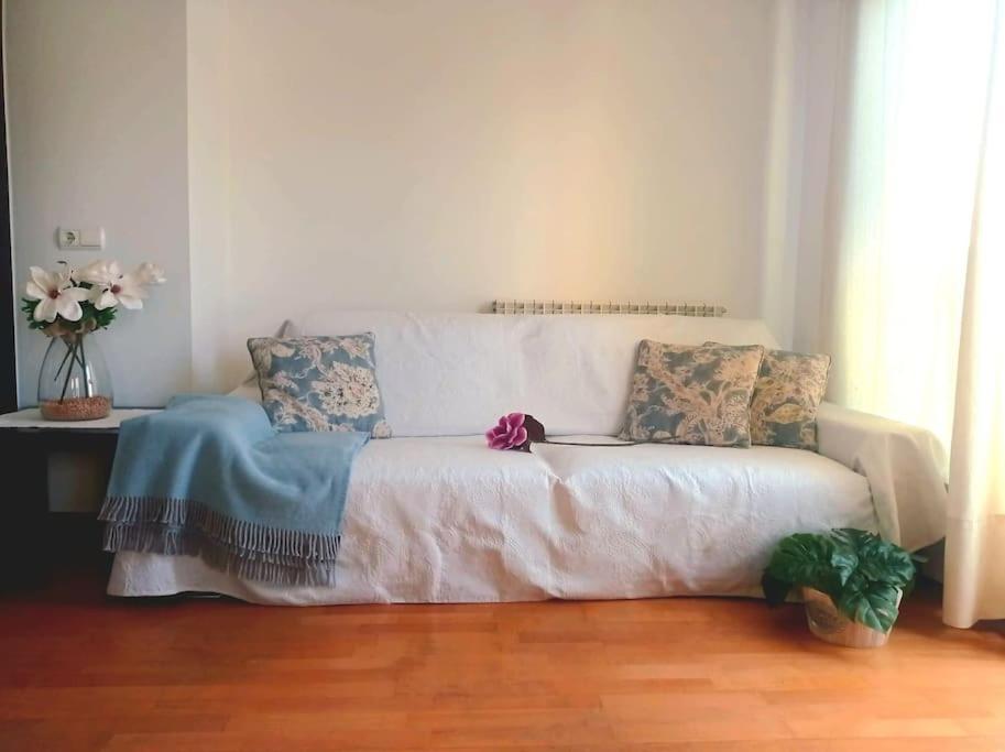 韦斯卡Acogedor apartamento con piscina y garaje的客厅配有带枕头的白色沙发