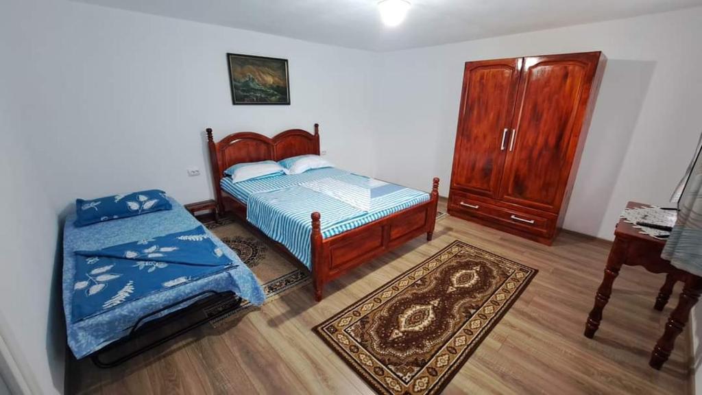 茹里洛夫卡Pensiunea Casa Golovita的一间卧室配有两张床、一个梳妆台和一张桌子