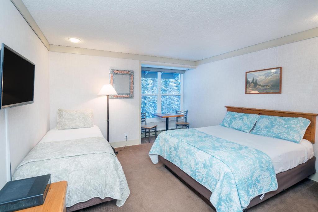 特柳赖德Mountainside Inn 420 Hotel Room的酒店客房设有两张床和电视。