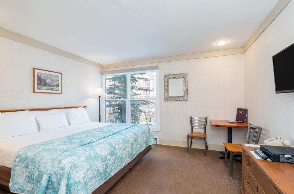 特柳赖德Mountainside Inn 211 Hotel Room的配有一张床、一张书桌和一扇窗户的酒店客房