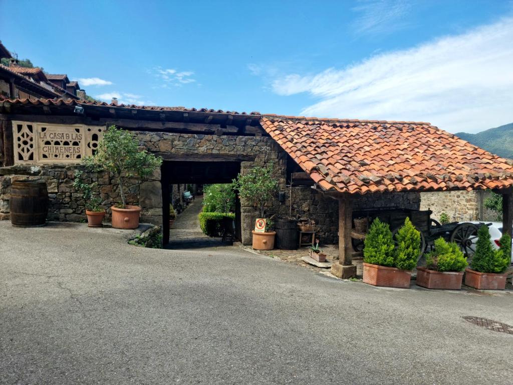 TudesLa Casa de las Chimeneas的石屋,有门廊,有植物在盆里