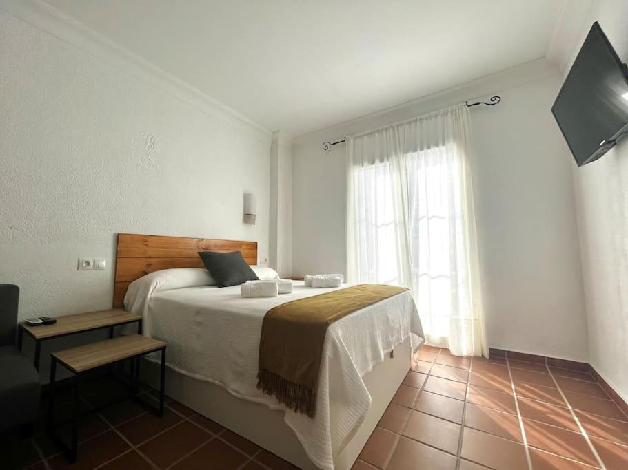 埃尔罗西奥Suite en el corazón de Doñana的一间卧室设有一张大床和一个窗户。