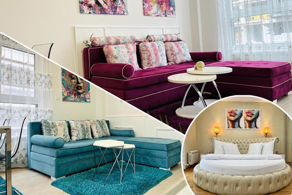 兹拉蒂博尔Apartmani SLEEP&JOY的客厅配有紫色和蓝色家具
