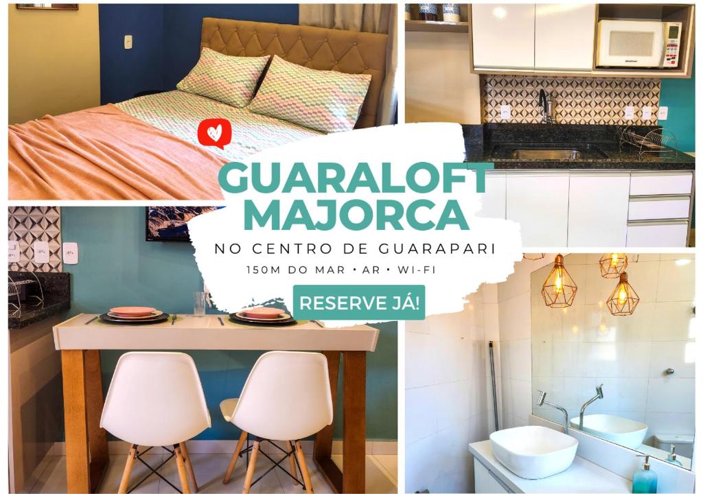 瓜拉派瑞GUARALOFT MAJORCA GUARAPARI的一张床铺和一间厨房的小公寓的照片拼在一起