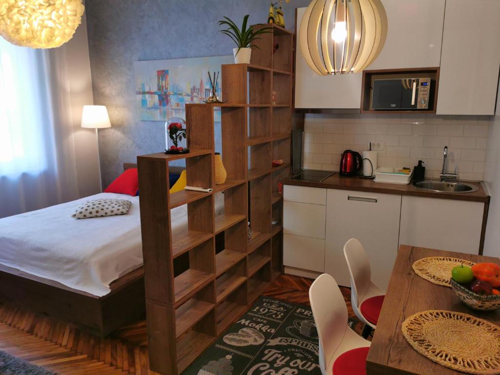 贝尔格莱德Apartman Jovana 2的一间卧室配有一张床,厨房配有桌子