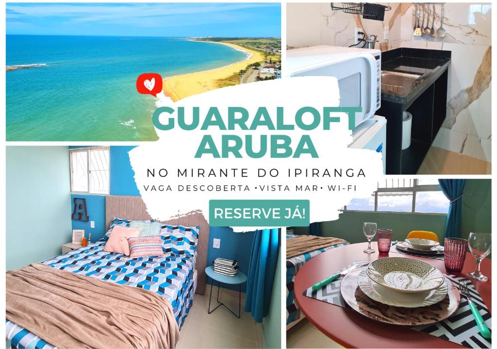 瓜拉派瑞GUARALOFT ARUBA NO MIRANTE DE GUARAPARI的一张床位和一个海滩房间的照片拼在一起