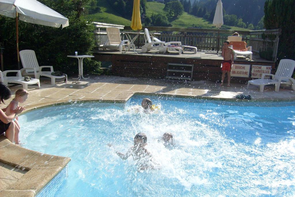 拉克吕萨夏雷酒店的一群人在游泳池玩耍