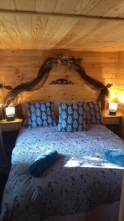 SurvilleLa Bohème的一间卧室配有一张带蓝色枕头的床