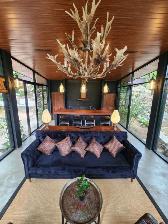 哈普特莱Wild Cassia的客厅配有蓝色的沙发和吊灯。