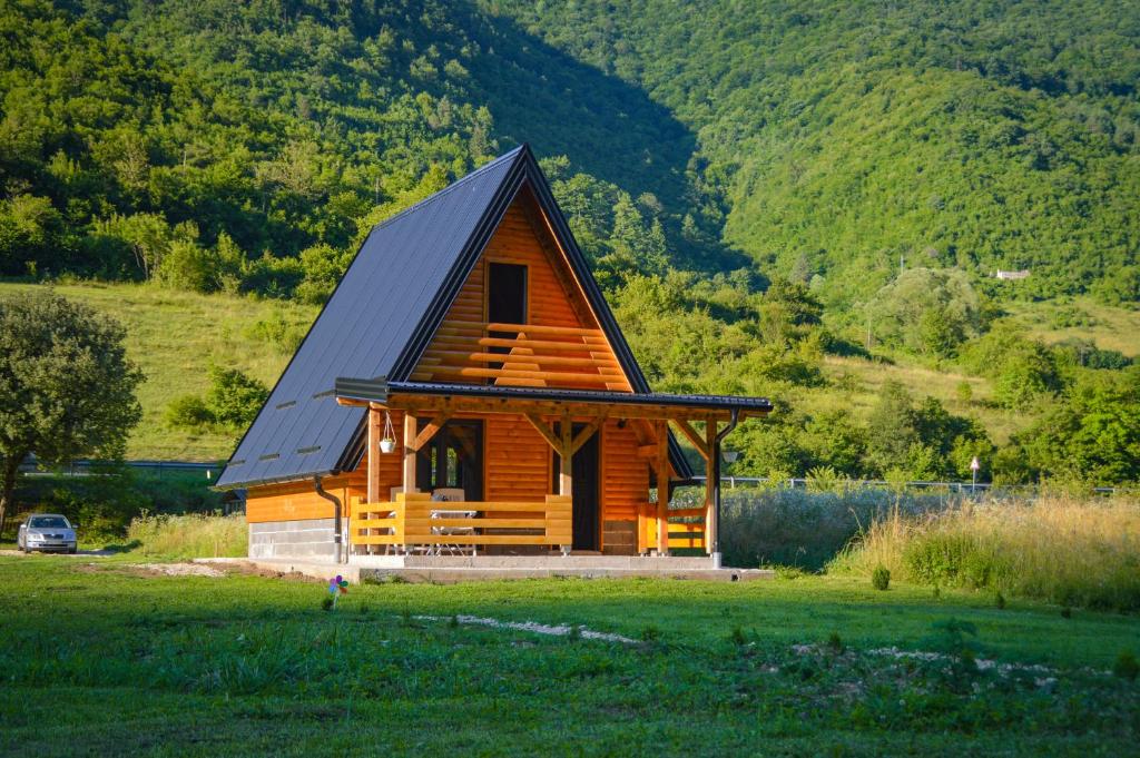 亚伊采Freedom in Forest的大型小木屋,设有黑色屋顶