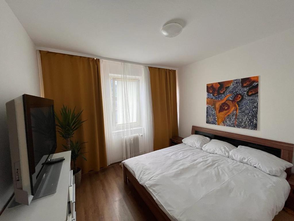 美因河畔法兰克福Apartment的一间卧室配有一张床和一台平面电视