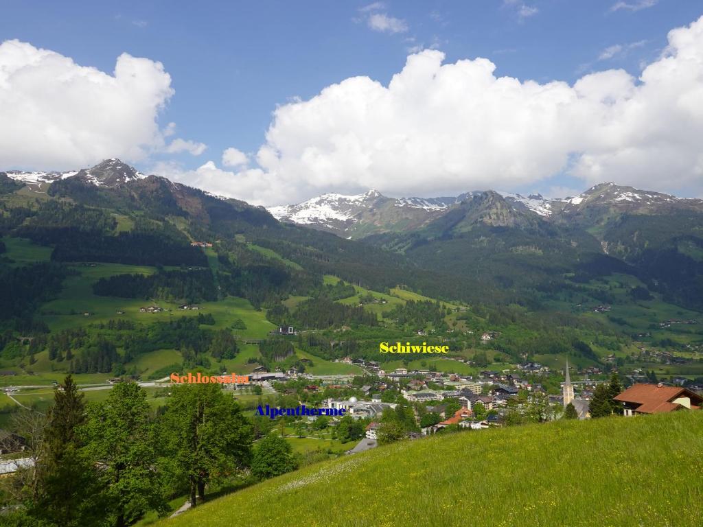 巴特霍夫加施泰因Ferienhaus Schiwiese mit freiem Eintritt in die Alpentherme的山丘上的小镇,以山丘为背景