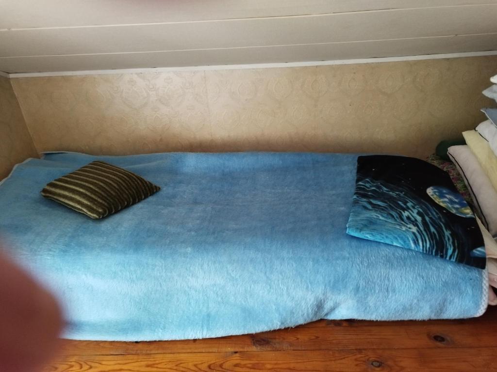 HoutskariMysig Stuga På Houtskär的一张蓝色的床,上面有两个枕头