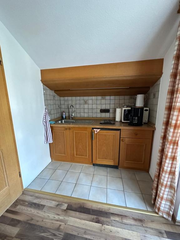 米滕瓦尔德Apartment Kranzberg的一间带水槽和微波炉的小厨房