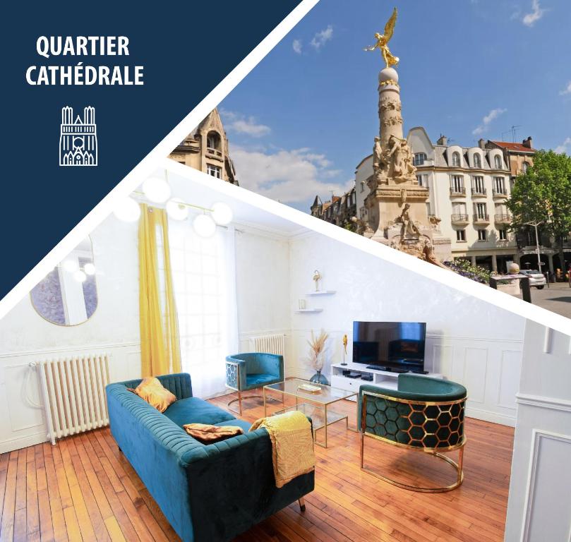 兰斯Spacieux Cœur de Reims的客厅配有蓝色的沙发和电视