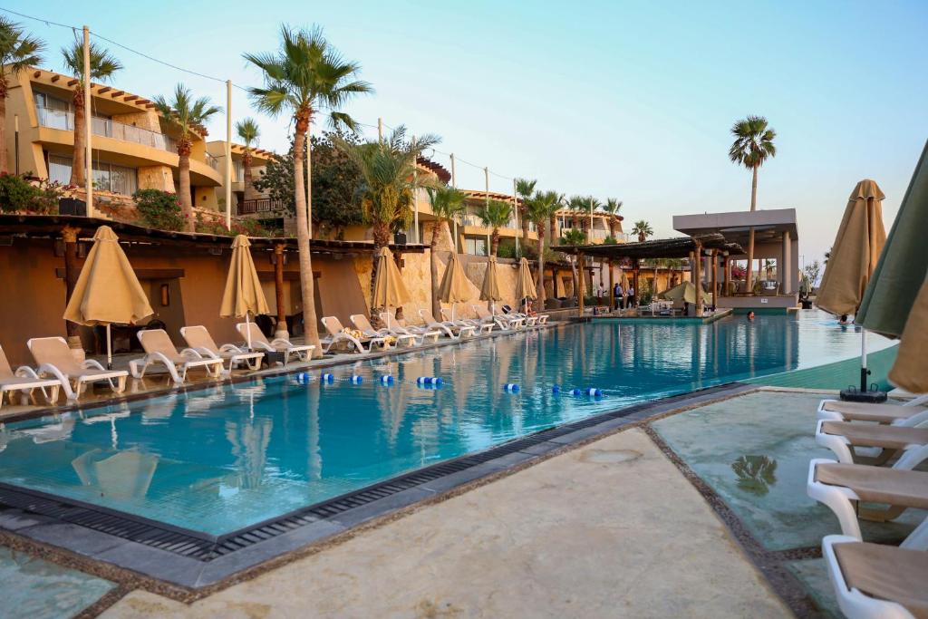 索瓦马O Beach Hotel & Resort的一个带椅子和遮阳伞的大型游泳池