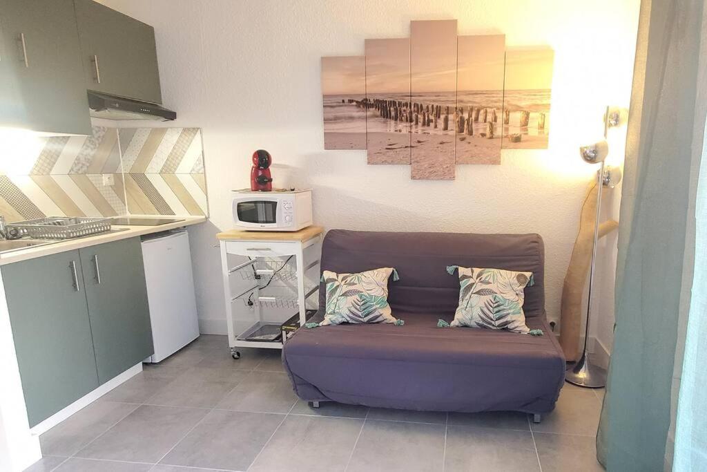 弗雷瑞斯Studio proche plage tout à pied的客厅配有带紫色沙发的厨房