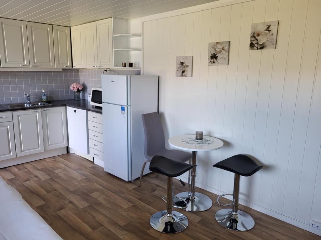 希尔科内斯SAGA Overnatting的厨房配有白色冰箱、桌子和椅子