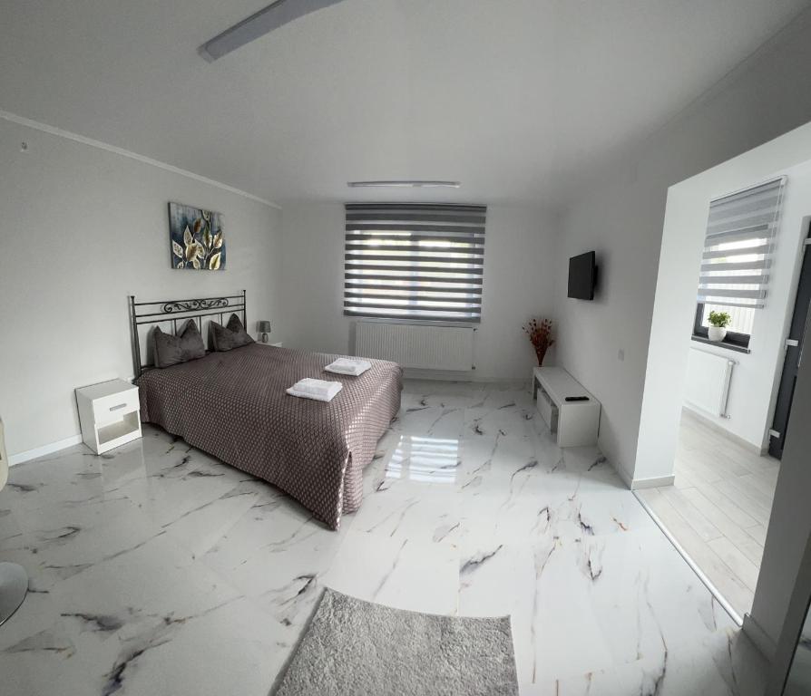 CristeştiIanis Home的一间卧室设有一张床和一间客厅。