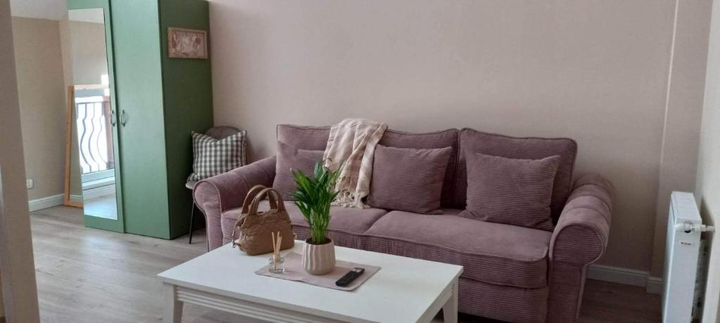 比斯特里察Gina’s studio.的客厅配有紫色沙发和桌子