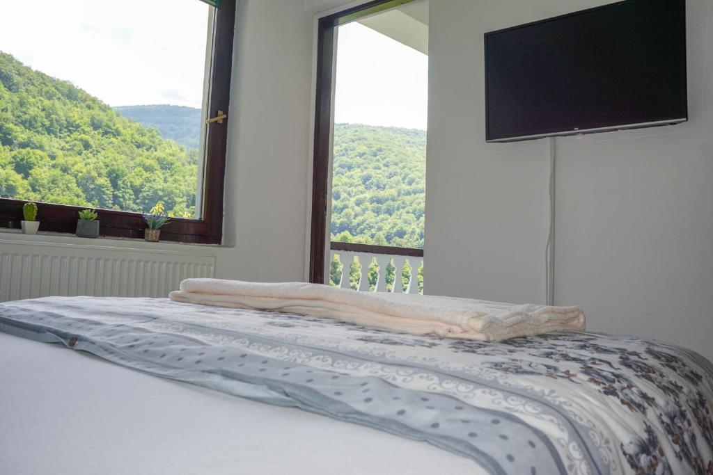 福查VIP Rooms Foča, Accommodation Foca, Foca Rooms的一张位于带大窗户的房间内的床铺