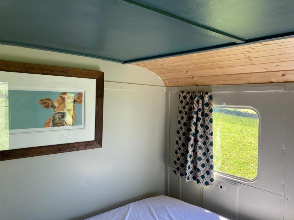 彭里斯Renison's Farm的一间卧室设有蓝色的天花板和窗户。