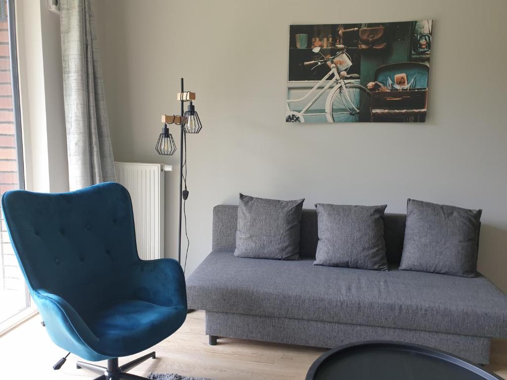 波兹南STARA CEGIELNIA, Faktura VAT, bezkontaktowe zameldowanie的带沙发和蓝椅的客厅