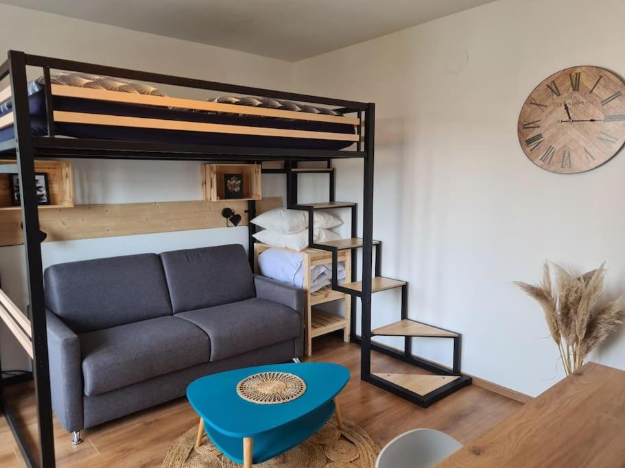 萨维尔纳Studio cosy et lumineux bike parking的带沙发和双层床的客厅