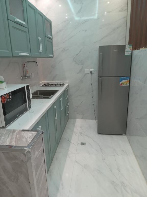 海米斯穆谢特شاليه لوسيل的厨房配有绿色橱柜和不锈钢冰箱