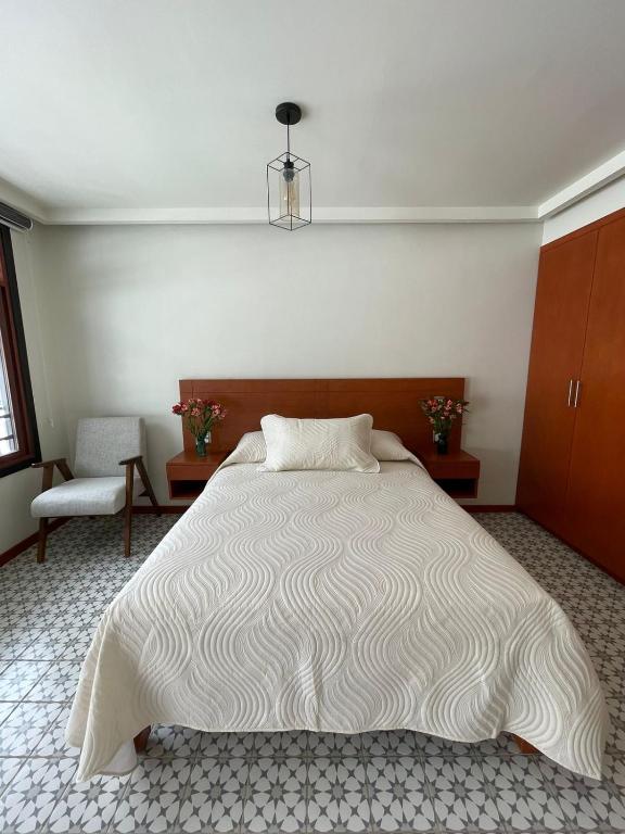 瓦哈卡市Casa Sol的一间卧室配有一张大床和一把椅子