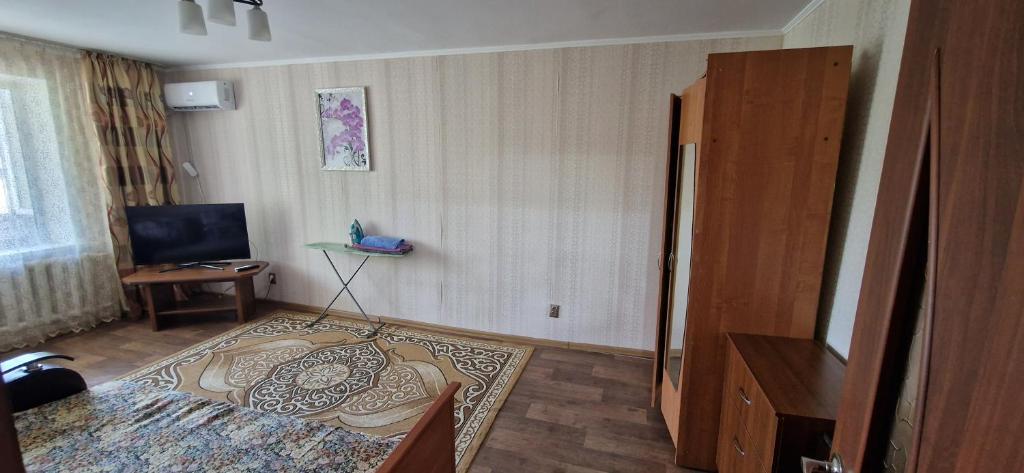 卡拉甘达Однокомнатная квартира в Караганде的一间设有床铺和电视的房间
