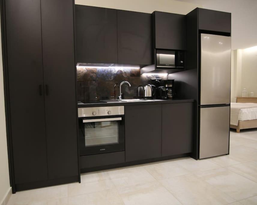 海若克利欧Eclectic Apartment near Downtown的厨房配有黑色橱柜和水槽