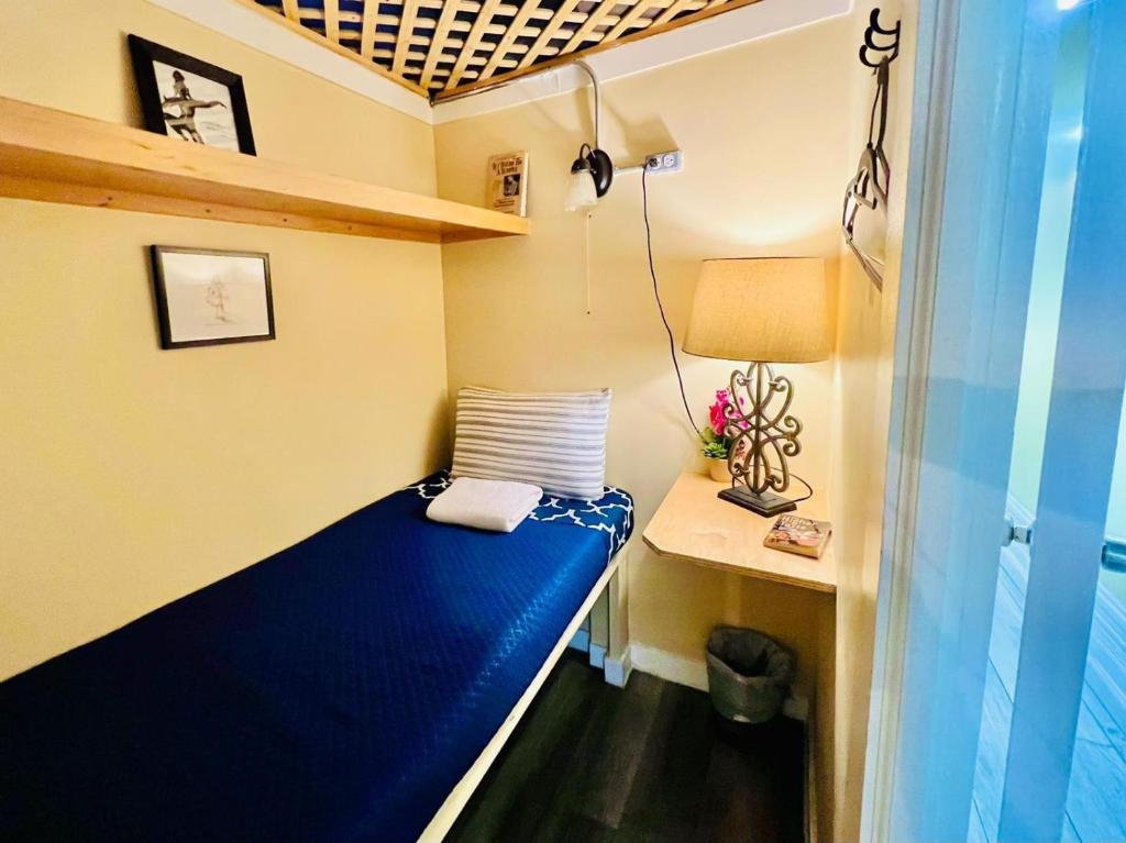 纽约New York Spirit Retreats HOSTEL的小房间设有蓝色的床和一张书桌