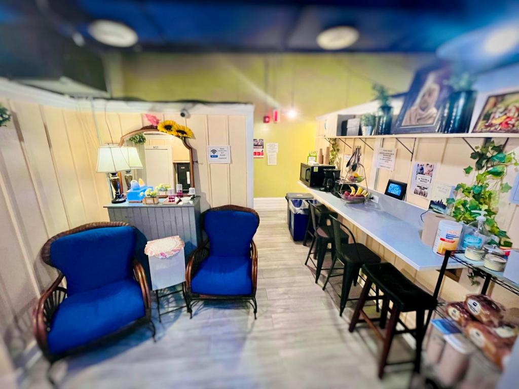 纽约New York Spirit Retreats HOSTEL的商店里装有蓝色椅子和柜台的商店