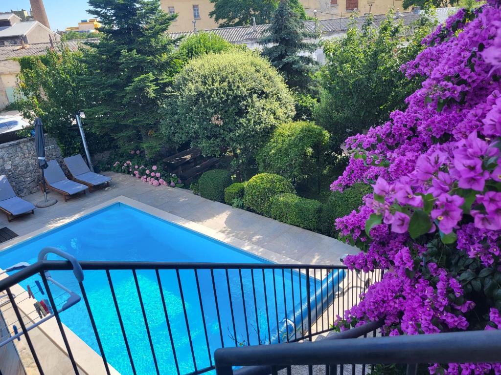 希贝尼克植物园度假屋的阳台设有游泳池和紫色鲜花