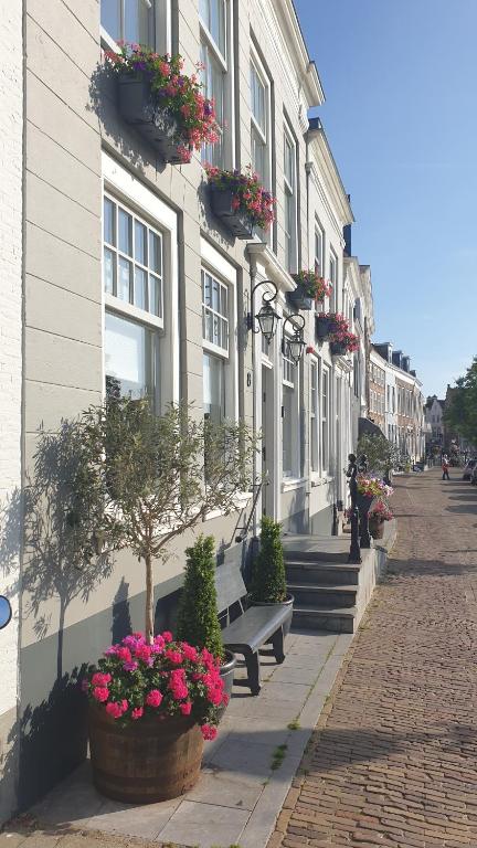 戈伊斯B&B De Grote Kade I Bella Zeelandia的街上有花盆和长凳的建筑