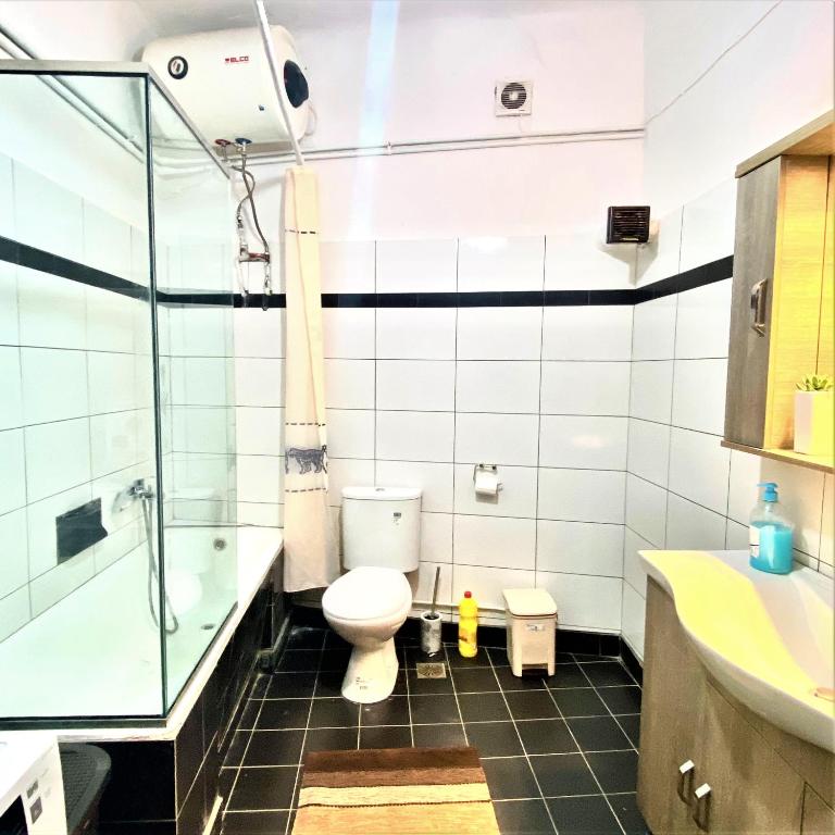 SpílionNIKOLAS SPILI CENTER HUGE APARTMENT的带淋浴、卫生间和盥洗盆的浴室
