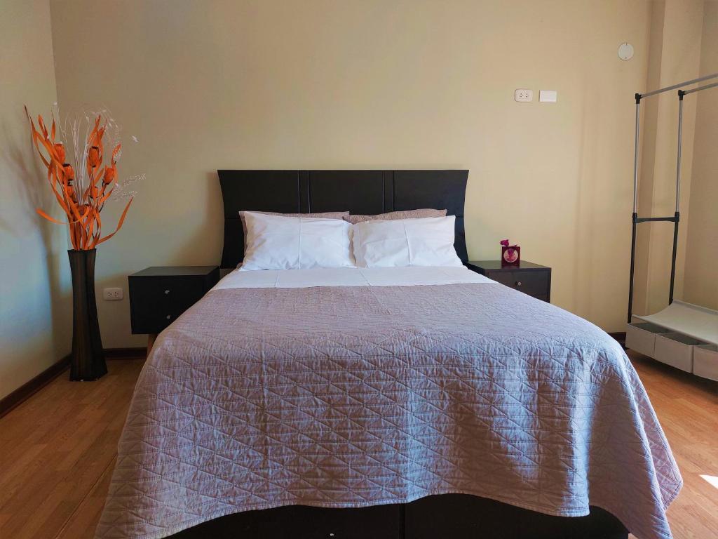 帕拉卡斯Casa Mahulu的一间卧室配有一张大床和紫色棉被