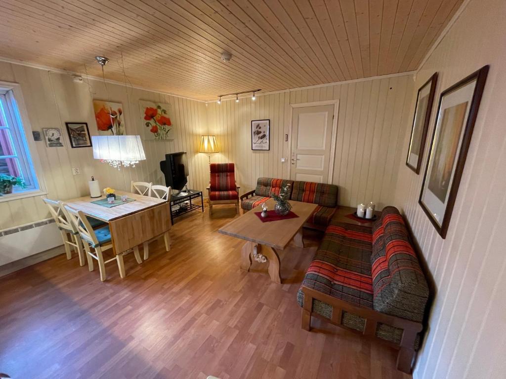 勒罗斯Kjerkgata 6 - midt i Røros sentrum的客厅配有沙发和桌子