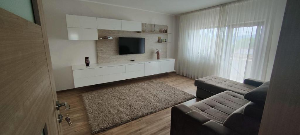 拉姆尼库沃尔恰Apartament 2 camere的带沙发和平面电视的客厅