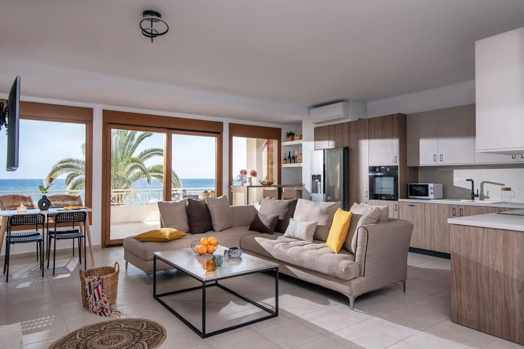 利加里亚Beachfront Orange apt-Ligaria Beach的带沙发的客厅和海景厨房