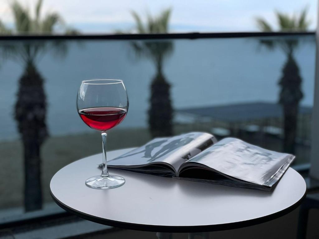 埃尔代克Palmon Hotel的一杯葡萄酒和一张桌子上的书