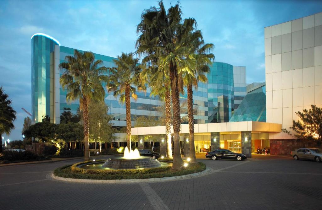 肯普顿帕克南太阳OR塔波国际机场酒店的停车场内棕榈树的建筑