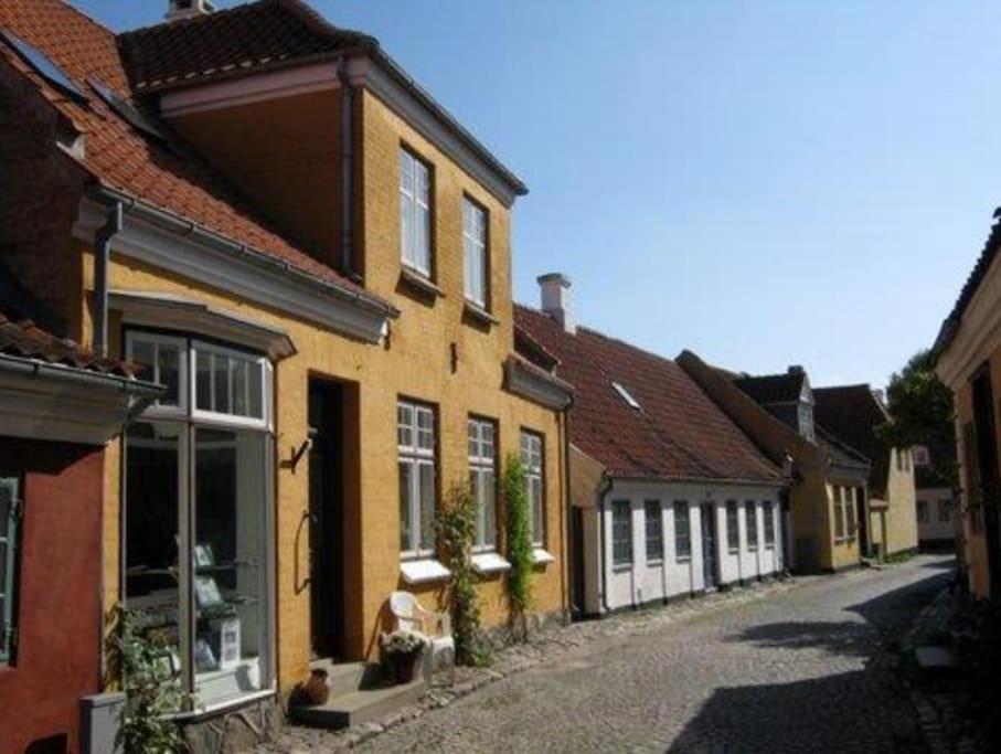 艾勒斯克宾Skøn lejlighed i Ærøskøbing.的街上一排黄色的房子